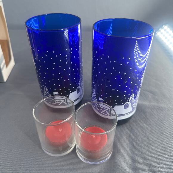 VTG Libbey Cobalt Blue Luminations Candle Holder Set Santa Sleigh Christmas Glow - Picture 7 of 15